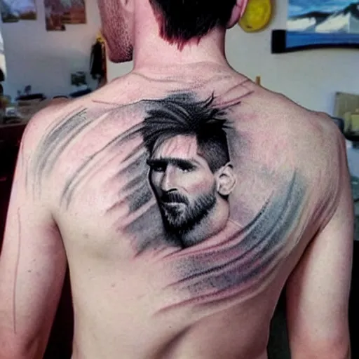 Image similar to realistic tattoo sketch of a lionel messi face double exposure mountain scenery, in the style of matteo pasqualin, amazing detail, sharp, faded