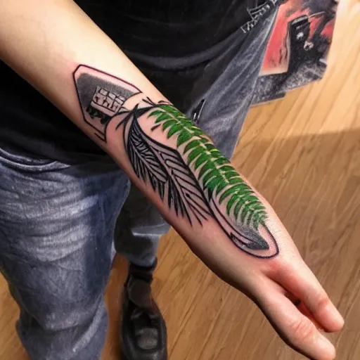 Image similar to neotraditional Tattoo of a knife with fern leaves wrapping around it