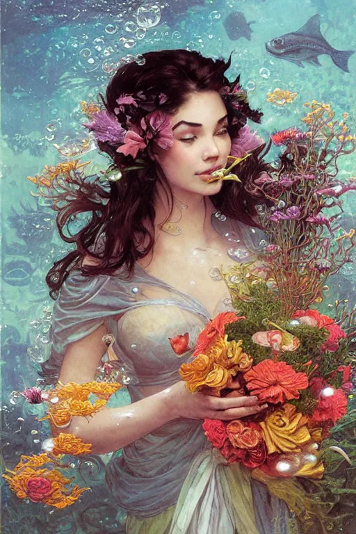 Image similar to portrait of a beautiful mysterious woman holding a bouquet of flowing flowers, small bubbles from her mouth, hands hidden under the bouquet, submerged underwater filled with colorful small fish and coral reef, fantasy, regal, intricate, by stanley artgerm lau, greg rutkowski, thomas kindkade, alphonse mucha, loish, norman rockwell