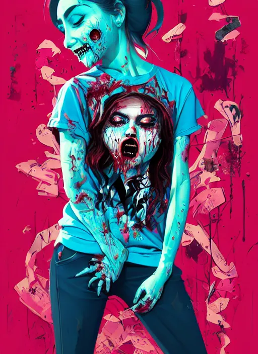 Prompt: zombie full body girl modeling hiphop streetwear drip, tristan eaton, victo ngai, artgerm, rhads, ross draws