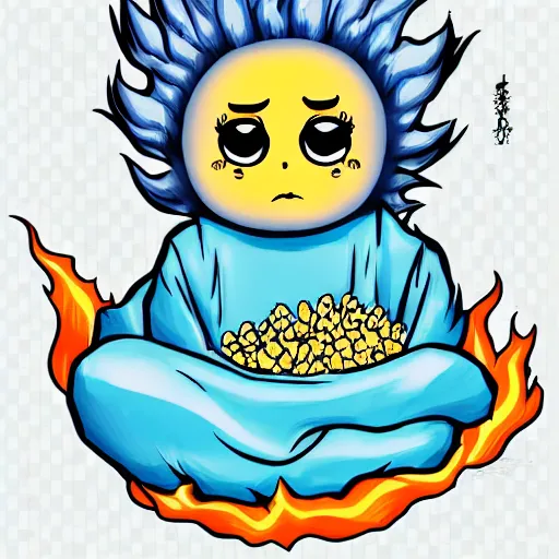 Prompt: fluffy strange popcorn elemental spirit manga character with a smiling face and flames for hair, sitting on a lotus flower, clean composition, symmetrical