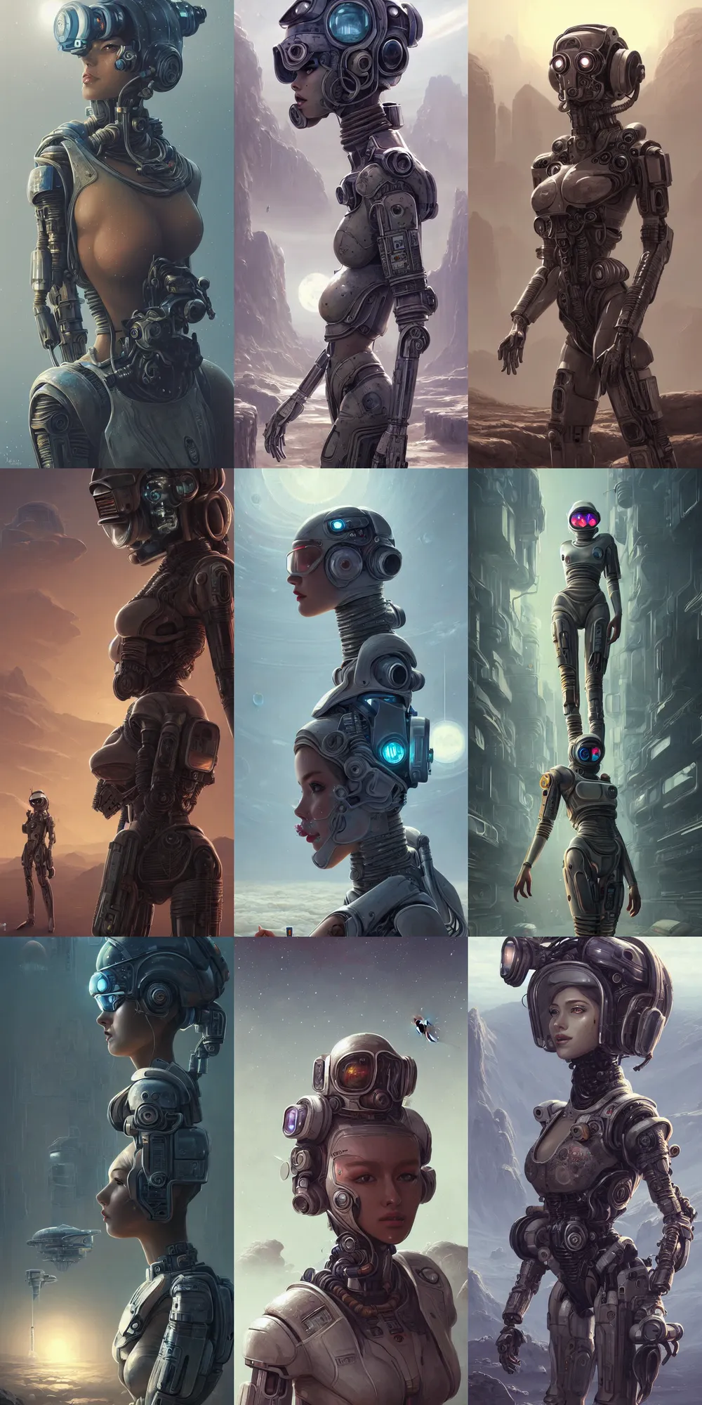 Prompt: ultra realistic style illustration, beautiful alluring nasa companion android in an apocalyptic ancient wasteland, gorgeous face and figure, cyberpunk, sci - fi, fantasy, intricate, elegant, highly detailed, digital painting, artstation, concept art, smooth, sharp focus, illustration, art by mansik yang and rashed alakroka and simon stalenhag and wlop