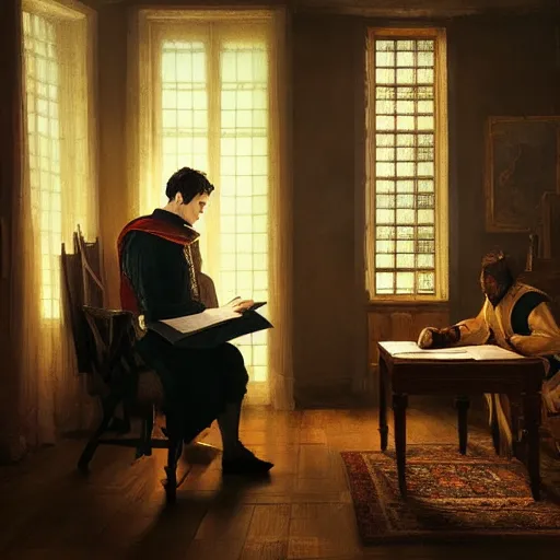 Image similar to james i of england reading a letter in his private study 4 k, concept art, by wlop, ilya kuvshinov, artgerm, krenz cushart, greg rutkowski, pixiv. cinematic dramatic atmosphere, sharp focus, volumetric lighting, cinematic lighting, studio quality