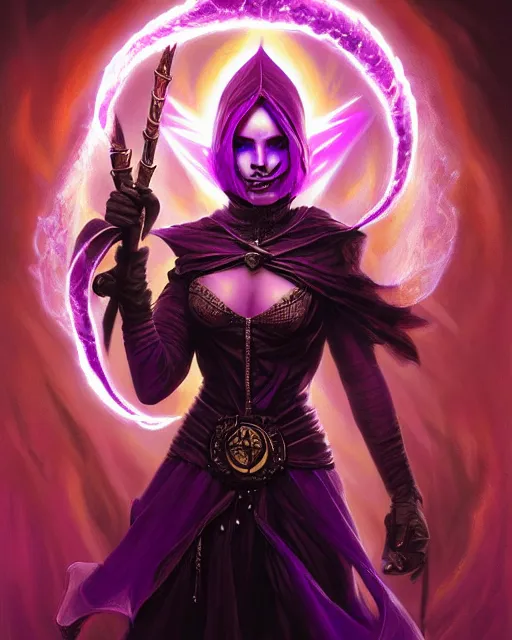 Image similar to pyromancer witch cover in purple flames, deep pyro colors, purple laser lighting, award winning photograph, radiant flares, realism, lens flare, intricate, various refining methods, micro macro autofocus, evil realm magic painting vibes, hyperrealistic painting by michael komarck - daniel dos santos