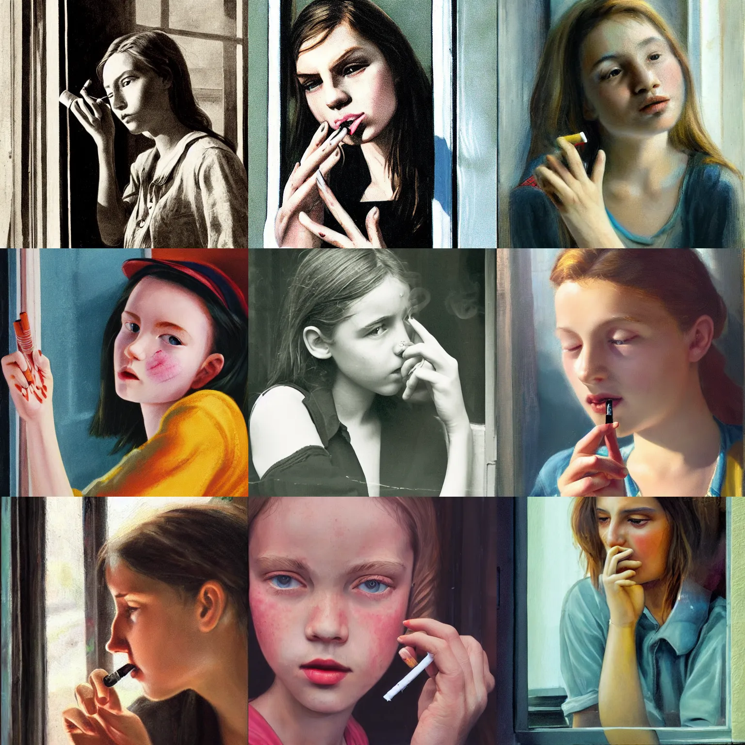 Prompt: the girl holds a cigarette next to the window, high detail of the face, high detail of the hand and fingers, high details, high modernization, ultra mega super hyper realistic