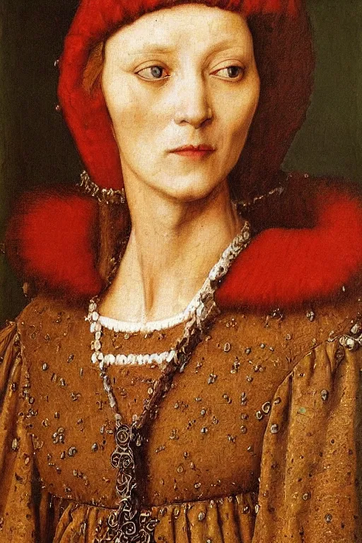 Image similar to candid portrait of a stunningly beautiful woman, oil painting by jan van eyck, northern renaissance style, oil on canvas, wet - on - wet technique, realistic, expressive emotions, detailed textures, illusionistic detail