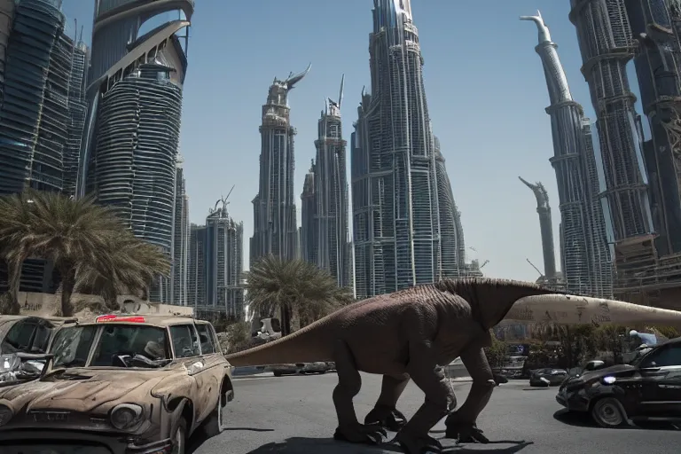 Prompt: cinematography dinosaurs in the streets of dubai by Emmanuel Lubezki
