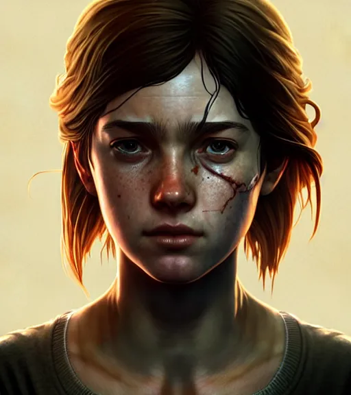 Prompt: symmetry ( ellie from last of us portrait ) ultra detailed, intricate, dynamic lighting, digital art, digital painting, art station, wlop, sharp focus, illustration, art by artgerm and greg rutkowski and alphonse mucha