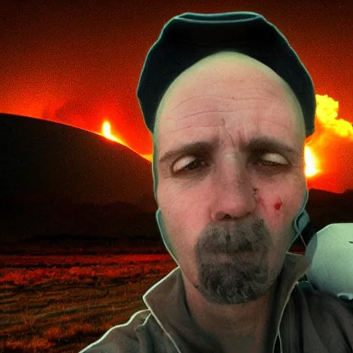 Prompt: selfie, radiation eats a ukrainian alive selfie a second before death, against the backdrop of a huge nuclear explosion from which the skin has already burned to the bone