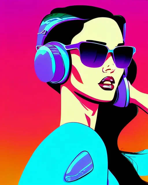 Prompt: closeup beautiful retro future megan fox varga girl wearing headphones and sunglasses, glamour pose, jetsons, windblown dark hair, seductive, hyper detailed, digital art, studio lighting, smooth, ambient volumetric lighting, sharp focus, dan mumford, moebius, patrick nagle, 1 9 4 6, synthwave