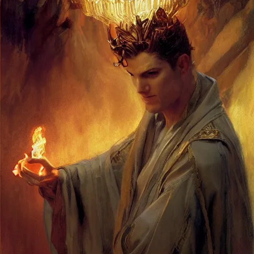 Image similar to attractive male deity casts light spell, summons attractive male lucifer morningstar. highly detailed painting by gaston bussiere, craig mullins, j. c. leyendecker 8 k