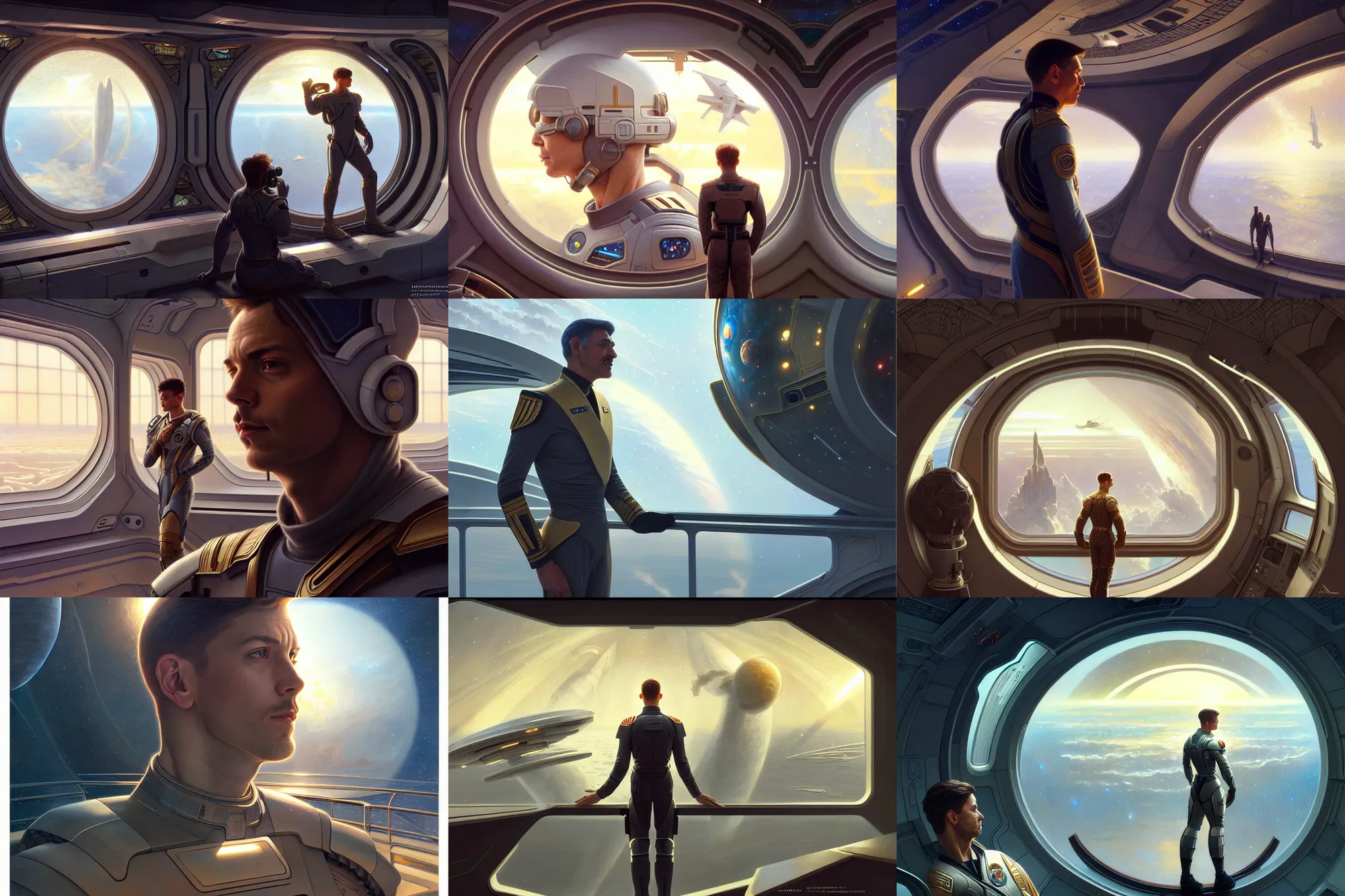 Prompt: ultra realistic illustration, male starship captain on the bridge, looking out a window at earth, intricate, elegant, highly detailed, digital painting, artstation, concept art, smooth, sharp focus, illustration, art by artgerm and greg rutkowski and alphonse mucha