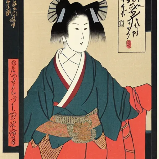 Image similar to portrait of a beautiful female ranger, upper body, ukiyo-e