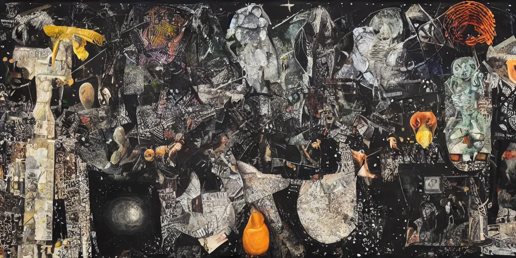 Image similar to rendered in blender artistic depiction of all life forms on earth, black background, collage paper and tape, acrylic on canvas, dadaism, high resolution, cinematic, unreal 6, breathtaking detailed, by ozdemir altan