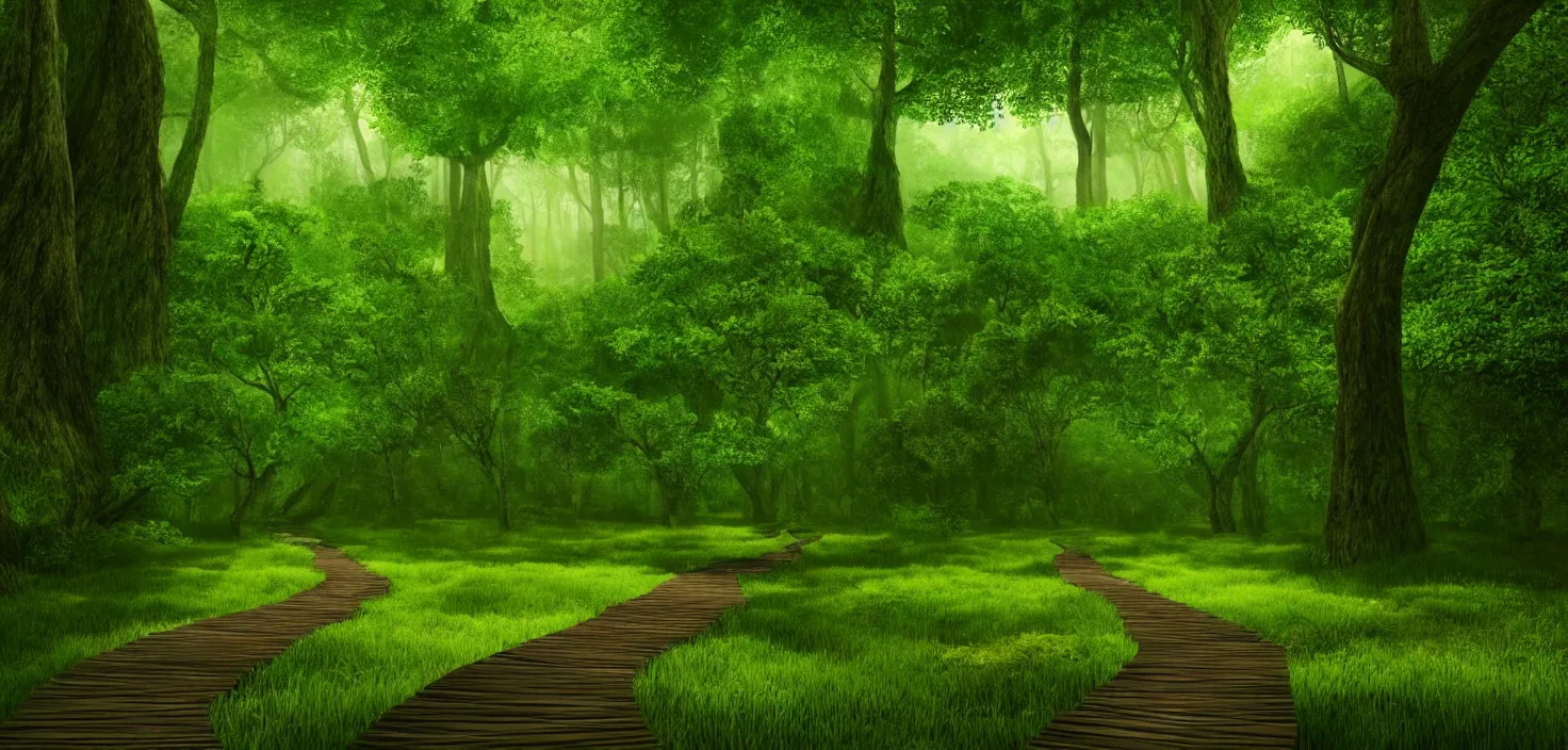 Prompt: a wooden path in the middle of a lush green forest octane render, a detailed matte painting by john eyre, shutterstock contest winner, art magical realism, enchanting, matte painting, mystical, vector style
