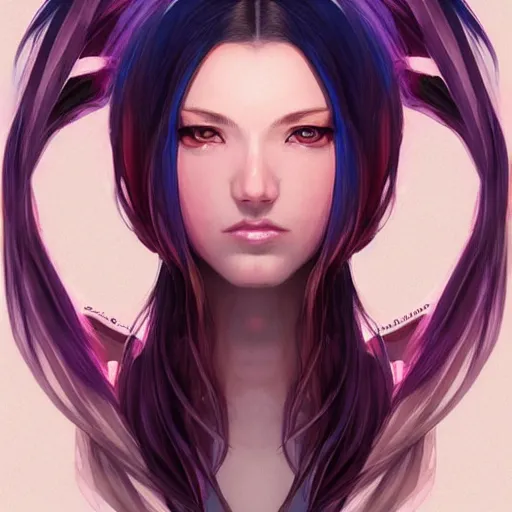 Image similar to portrait of beautiful symmetrical anime girl, rainbow hair, attractive, casual, modern, victoria's secret, highly detailed, digital painting, artstation, concept art, smooth, sharp focus, illustration, art by artgerm, greg rutkowski and alphonse mucha, 8 k,