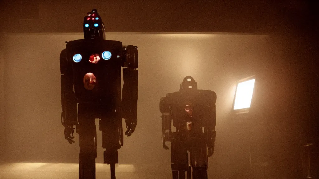 Image similar to horror movie still of robot, movie still, cinematic composition, cinematic light, by edgar wright and david lynch