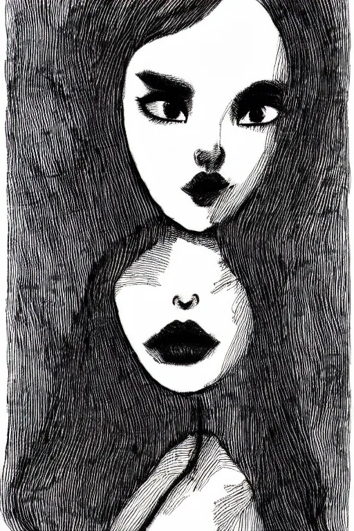 Image similar to ink lineart drawing of a beautiful woman, doll face, big lips, white background, etchings by goya, chinese brush pen, illustration, high contrast, deep black tones contour