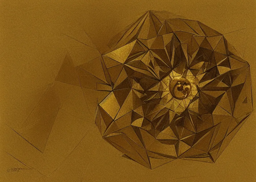 Image similar to a geometric drawing of paper and gold painted by greg rutkowski and albert bierstadt