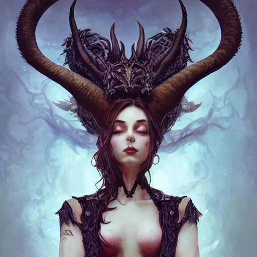 Image similar to a beautiful illustration of a satanic witch with horns in head holding a dragon, intricate, sharp focus, illustration, highly detailed, digital painting, concept art, matte, art by wlop and artgerm and greg rutkowski and alphonse mucha, masterpiece