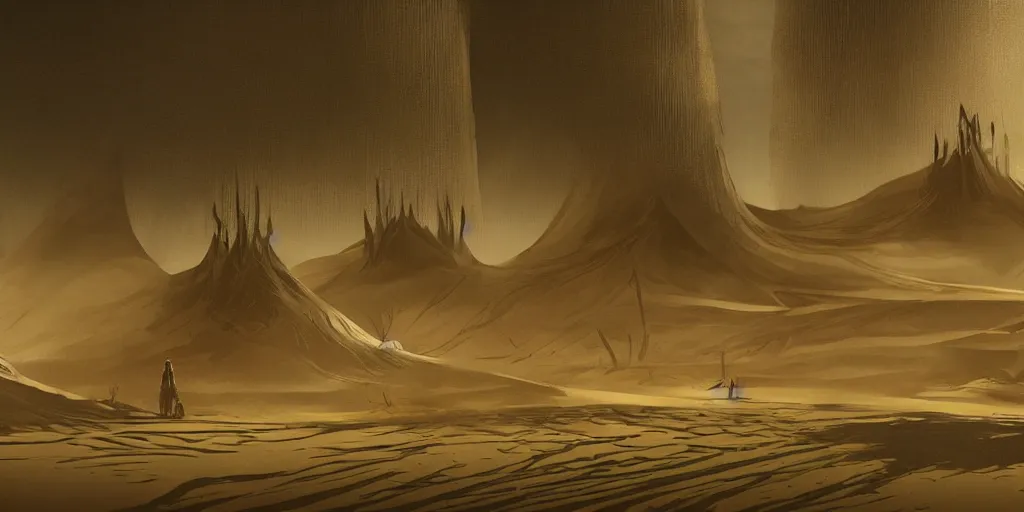 Prompt: dune but there are trees and water like an oasis, city and temples of arrakis, arrakeen, arab ar architectural and brutalism and gigantism, from frank herbert novels, composition idea concept art for movies, style of denis villeneuve and greg fraiser