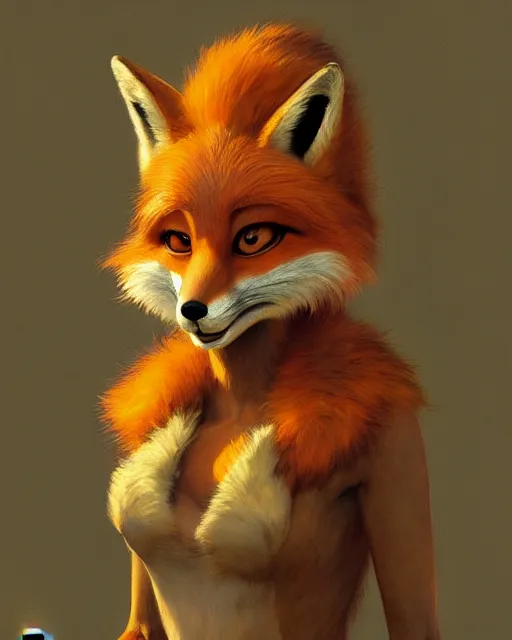 Image similar to oil painting of anthromorphic female fox, zootopia, fursona, furaffinity, 4 k, deviantart, furry art, wolf fursona, very expressive detailed feminine face, gaston bussiere, craig mullins, jc leyendecker, gustav klimt, artgerm, greg rutkowski, alphonse mucha