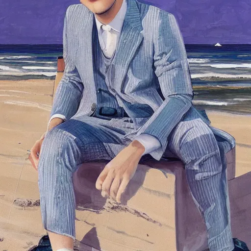 Prompt: portrait of Taehyung wearing a Gucci suit at the beach in Italy, highly detailed,