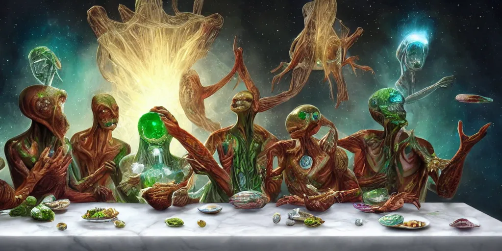 Prompt: !13 very diverse aliens enjoying a rich salad around a marble table, !positioned as last supper cinematic lighting, crystals and diamonds, emeralds, idilic, fantasy, surreal, floating, highly detalied, 4k, artstation, by Wayne Barlowe