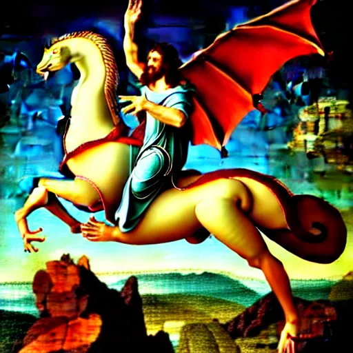 Image similar to Jesus riding a dragon, renaissance painting, fantasy art, digital art