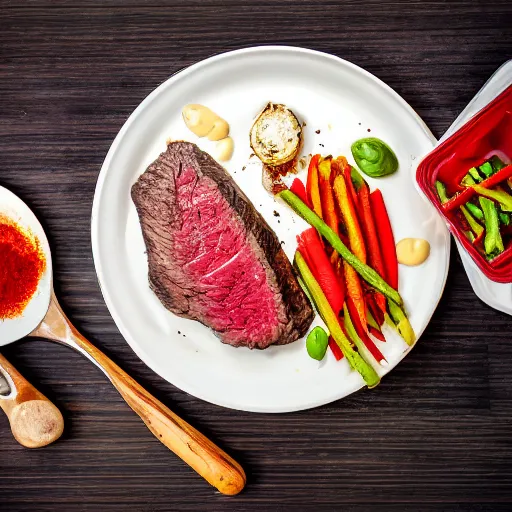 Image similar to advertising photography of a delicious large seasoned steak, topped with melted mozzarella cheese, and a side of seasoned vegetable medley, all served on a wooden table, spot, lighting, dark background