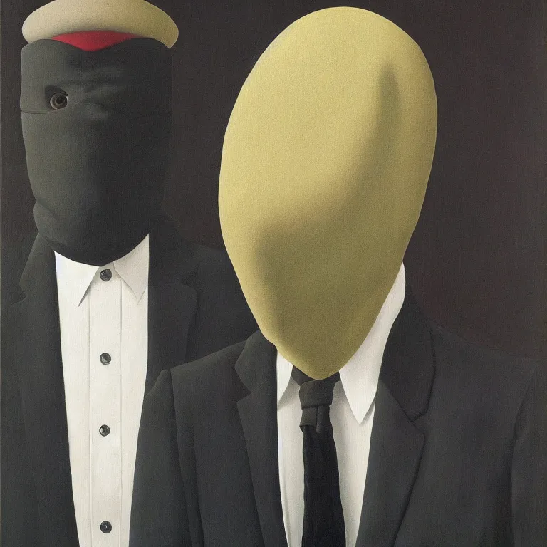 Image similar to portrait of man in a suit with covered face by rene magritte, detailed painting, hd, hq, high resolution, high detail, 4 k, 8 k