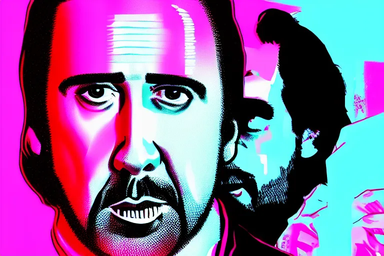 Image similar to nicolas cage in “ miami vice ” artwork, 4 k digital art, neon, 8 0's style