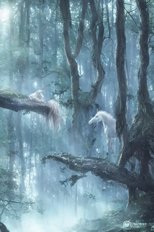 Prompt: there is a silver unicorn in the forest, unicorns around the shimmering light, fireflies flying in the forest, the dreamy crystal atmosphere ， super wide angle ， matte painting ， rtx on ， by karine eibatova and jordan grimmer ， trending on cgsociety and artstation, volumetric light ， surreal