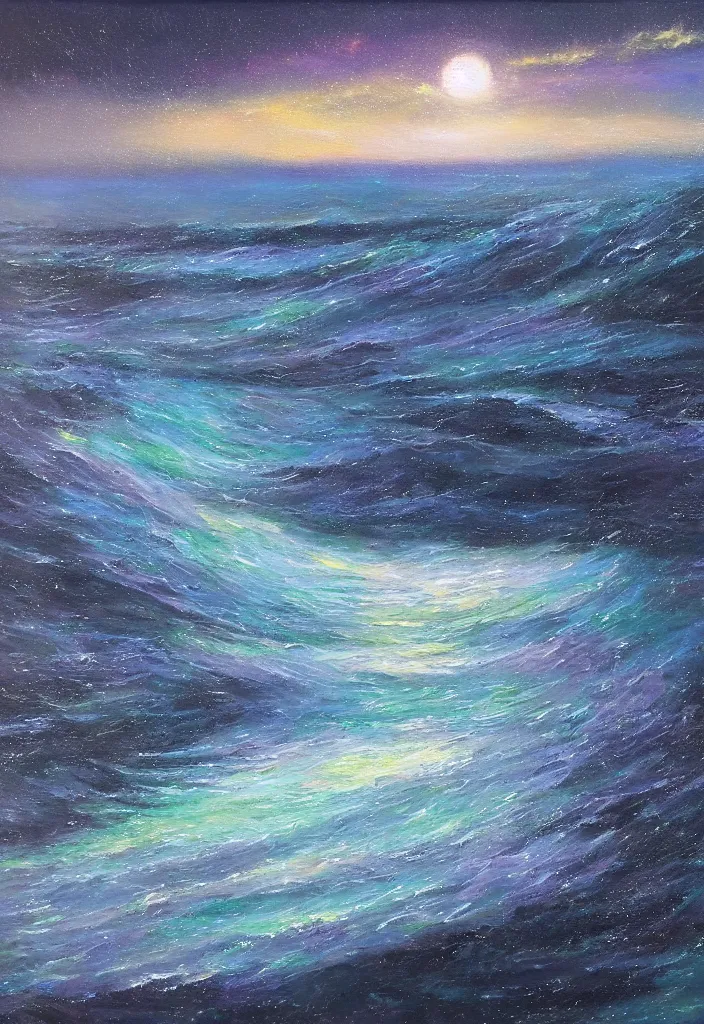 Image similar to the black door opened to the cosmos on a silver beach opening to reveal the cosmos, award winning oil painting, iridescent shimmer