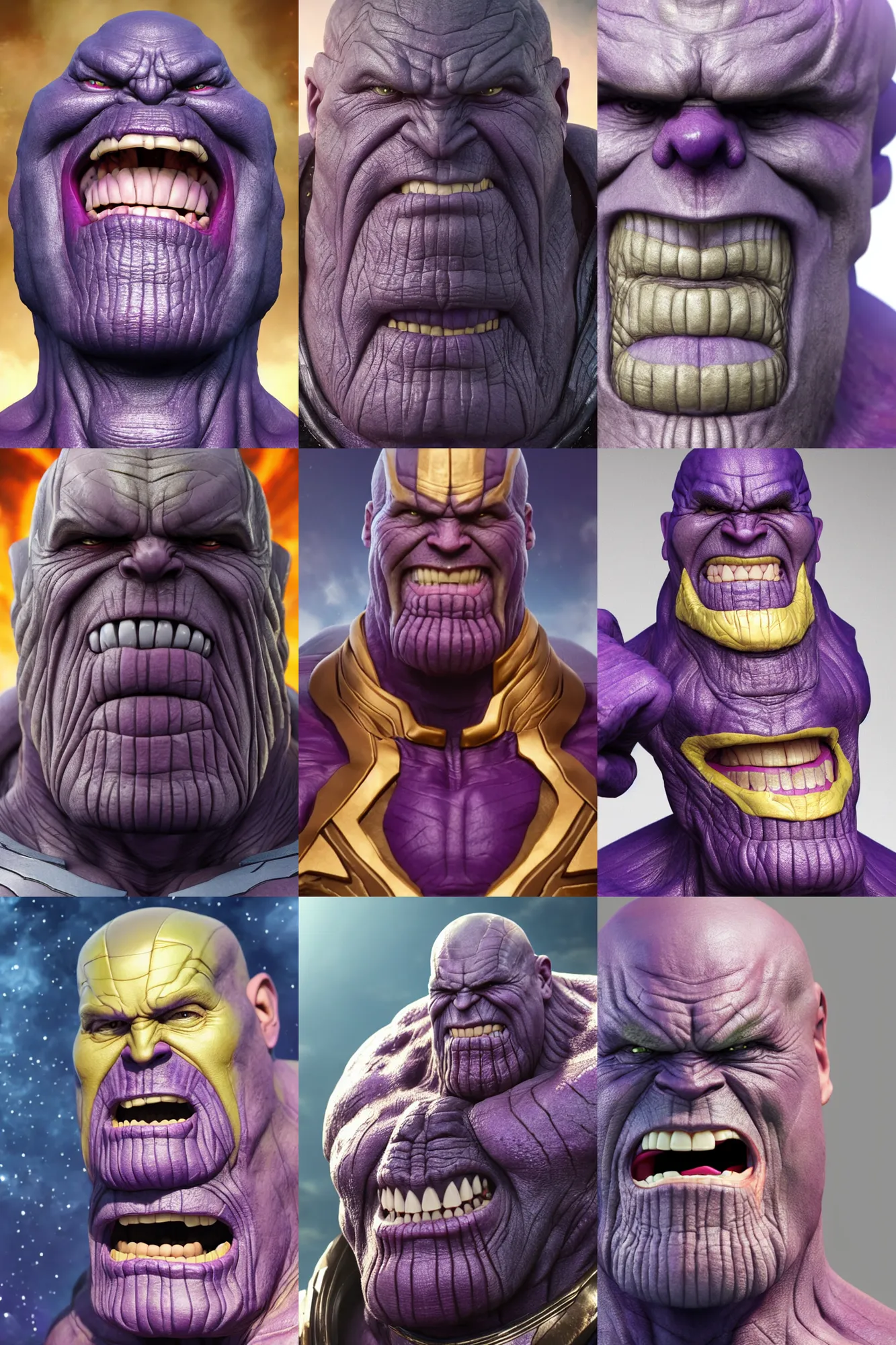 Prompt: Up Close photo of Thanos with a goofy grin, silly smile trending on artstation