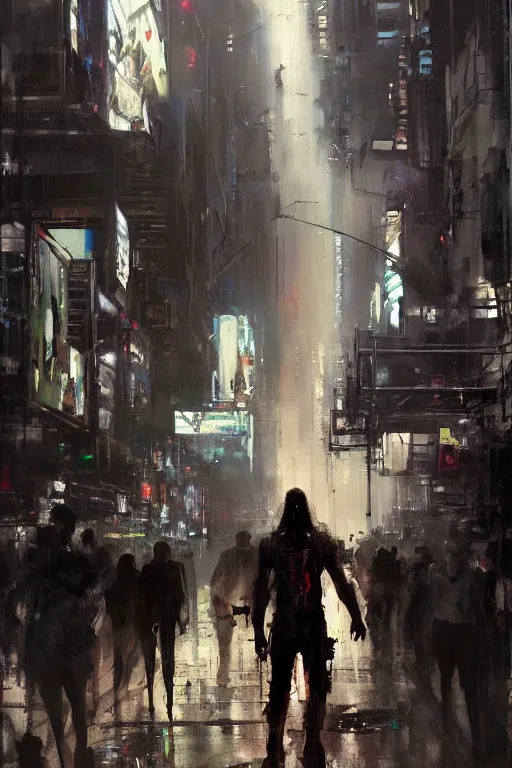 Prompt: full body portrait of Jesus as a cyborg walking through a crowded futuristic city street as the people part around him, by Jeremy Mann, stylized, detailed, realistic, loose brush strokes, dark tones, neon hue, intricate