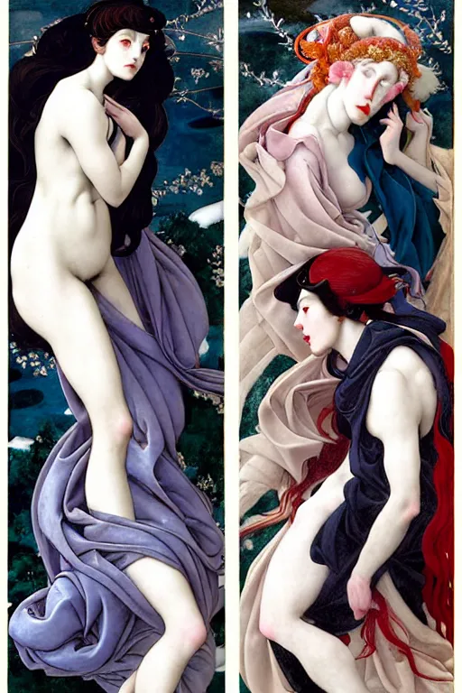 Image similar to 3 Winter Deities, (one representing each month of December, January, and February), in a mixed style of Æon Flux, Peter Chung, Botticelli, and John Singer Sargent, inspired by pre-raphaelite paintings, shoujo manga, and cool Japanese street fashion, moody cold landscape, dark and muted colors, hyper detailed, super fine inking lines, dramatic color, 4K extremely photorealistic, Arnold render