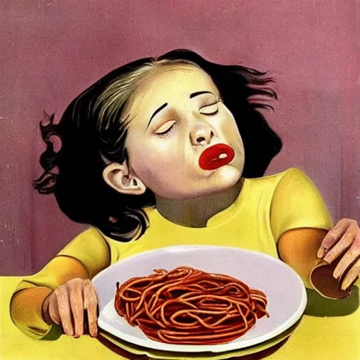 Image similar to girl eats spaghetti and crying spaghetti, style of Salvador Dali