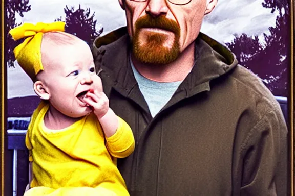 Prompt: walter white holding a baby and screaming at it