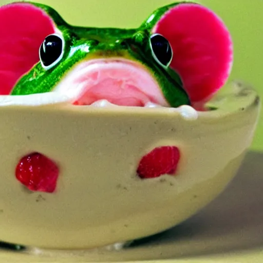 Prompt: frog drowning in strawberry yogurt, real