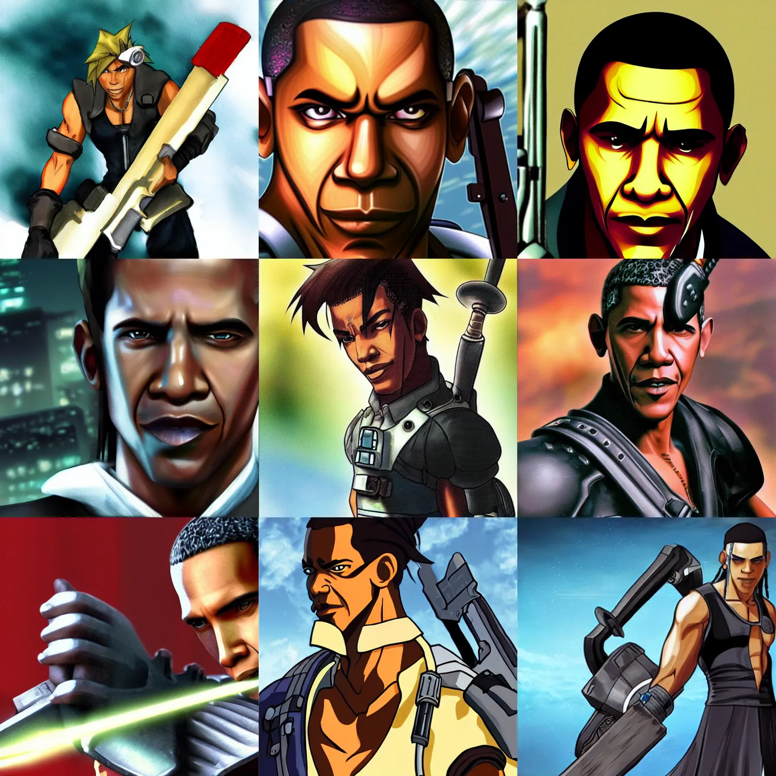 Prompt: Obama as Barret in Final Fantasy 7, highly detailed, anime, fierce expression