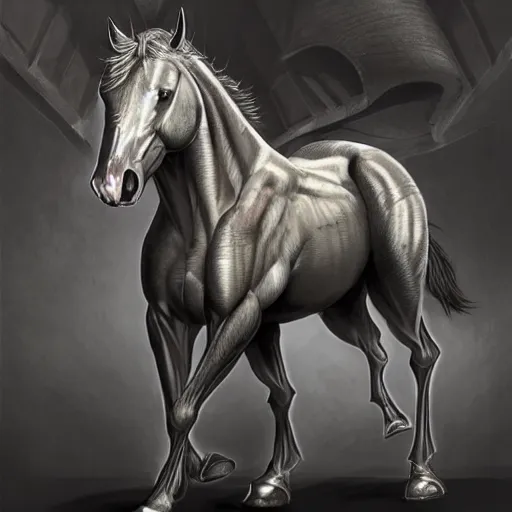 Image similar to an exaggeratedly muscular anthropomorphized horse with a magnificently muscular physique wearing detailed kevlar suit, standing in a facility, long white mane, proportionally enormous arms, equine, anthro art, furaffinity, highly detailed, digital painting, artstation, concept art, illustration, art by artgerm, greg rutkowski, ruan jia