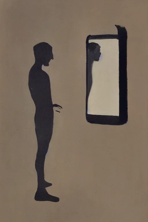 Image similar to man looking into a mirror, 1960’s minimalist advertising illustration, painterly, expressive brush strokes