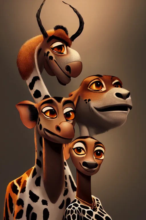 Prompt: a portrait of humanization of gloria and melman from madagascar, grim - lighting, high - contrast, intricate, elegant, highly detailed, digital painting, artstation, concept art, smooth, sharp focus, illustration