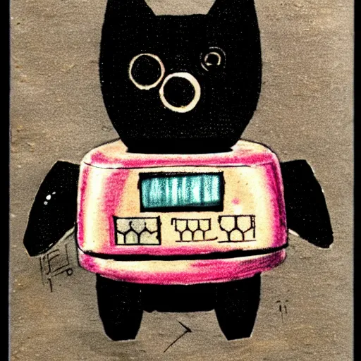 Image similar to a cute retro black pomeranian robot!!!!!! ( ( ( alcohol ink on parchment, muted colors, shading!!!, detailed, textured parchment background, 1 9 5 0 s concept art ) ) )