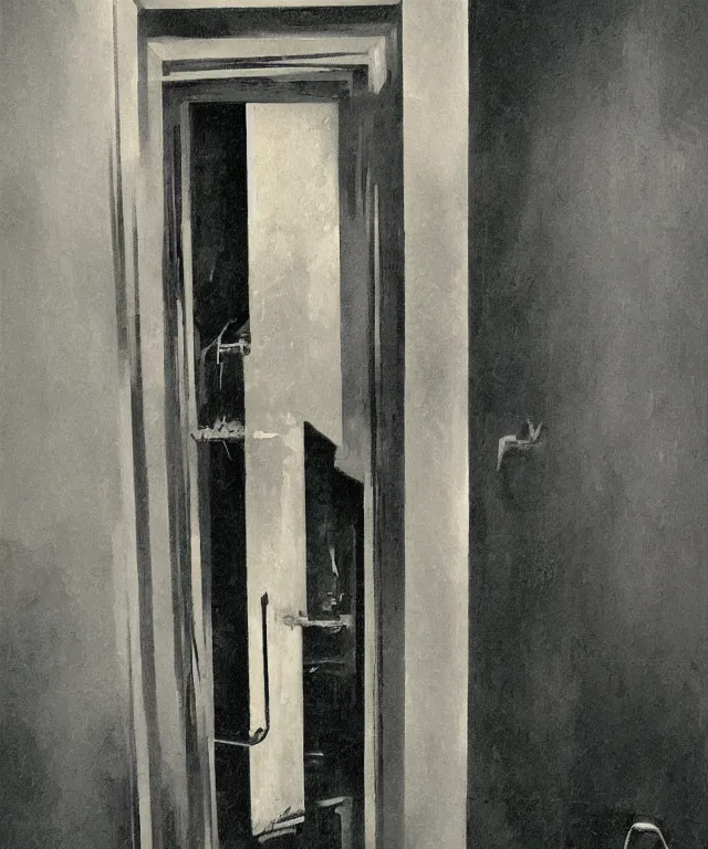 Prompt: horrifying full color photorealistic painting of a 1 9 2 5 hotel elevator opening up to a disorted view of the cosmos, dark, atmospheric, brooding, smooth, finely detailed, cinematic, epic, in the style of lee gibbons
