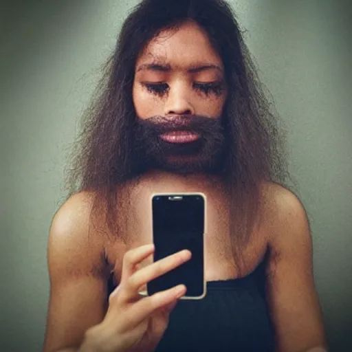 Image similar to “ a primitive pre human woman Neanderthal ,hairy body, posing for a photo with an iPhone in a trending fashion way, anthropology photography, National Geographic ”