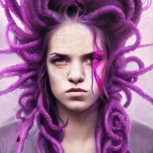 Image similar to detailed photo portrait of a furious teen girl with thin, hair-like purple tentacles on her head and bright purple eyes, 8k,by tristan eaton, Stanley Artgermm,Tom Bagshaw,Greg Rutkowski,Carne Griffiths,trending on DeviantArt, face enhance,hyper detailed ,full of colour, dramatic lightning