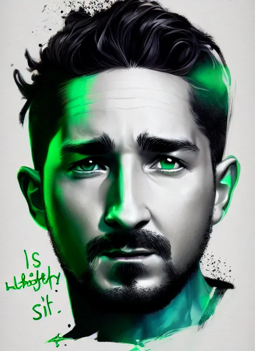 Image similar to highly detailed closeup portrait motivational poster of shia lebouf with large bold letter motivational words by greg rutkowski, by artgerm, gradient green, black and white color scheme, black border