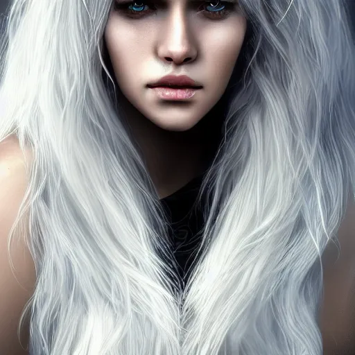 Image similar to highly detailed portrait of beautiful white haired girl, wearing a black jacket, very beautiful face, very detailed eyes, intricate, cgsociety, cinematic studio lighting